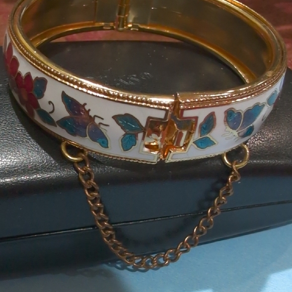 Vintage Cloisonne Floral Enamel Bangle Bracelet And Earrings - Picture 5 of 7